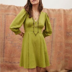 RW&CO Green A-Line Dress with Bishop Sleeves V-Neck